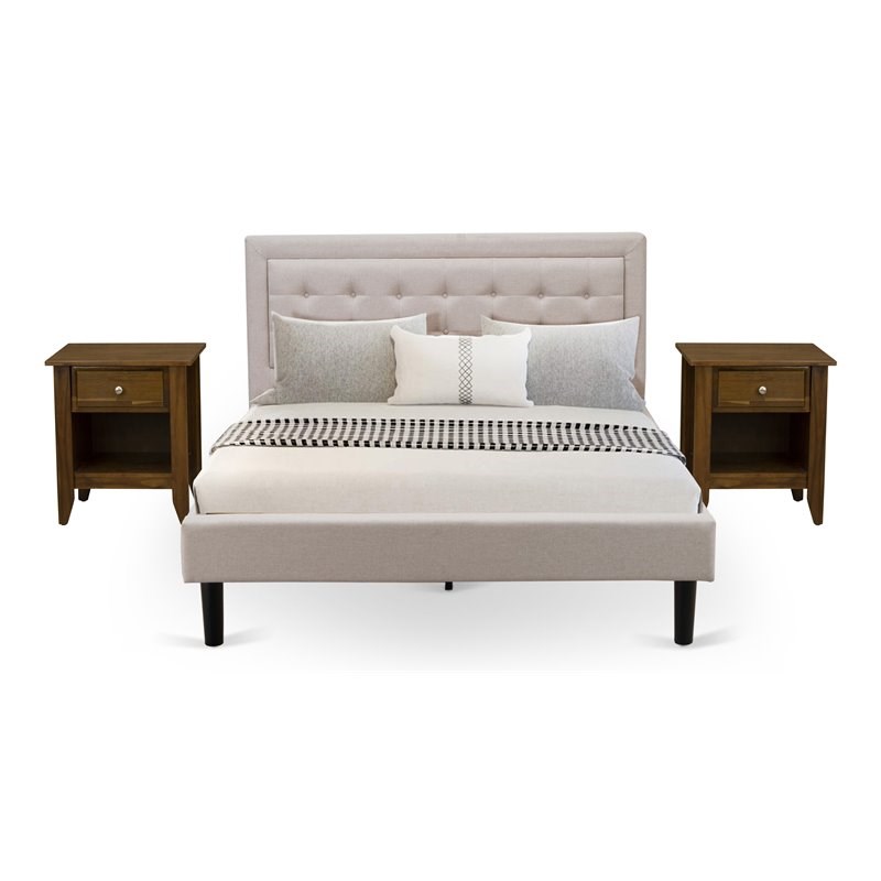 East West Furniture 3-piece Wood Queen Bedroom Set in Mist Beige/Antique Walnut