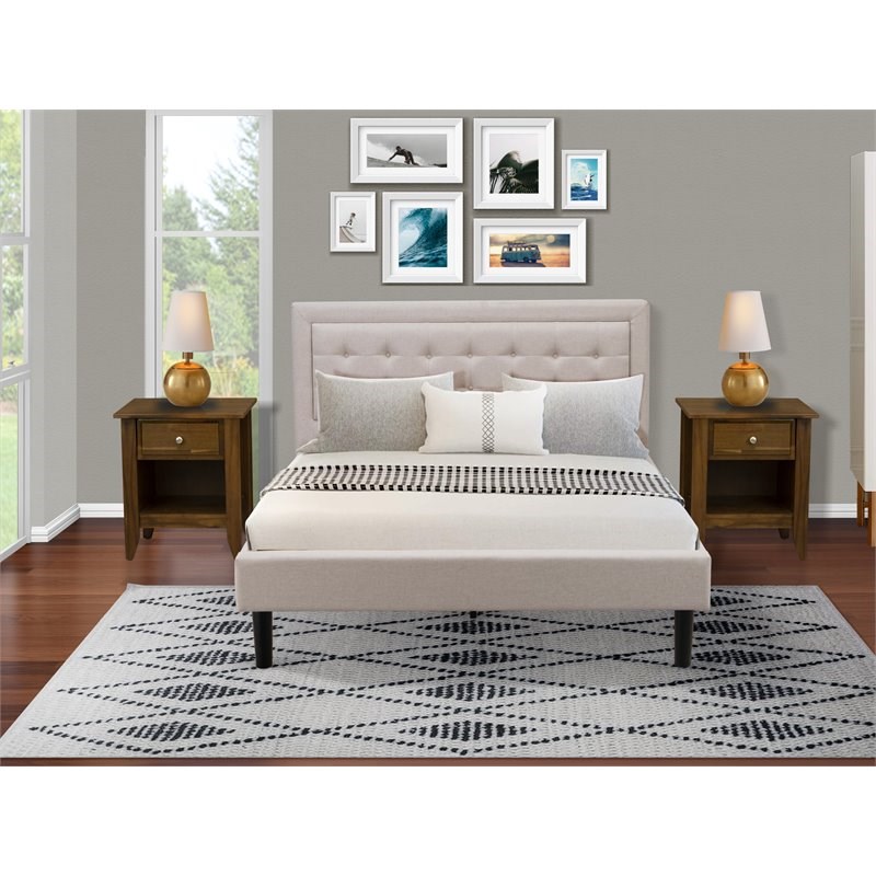 East West Furniture 3-piece Wood Queen Bedroom Set in Mist Beige/Antique Walnut