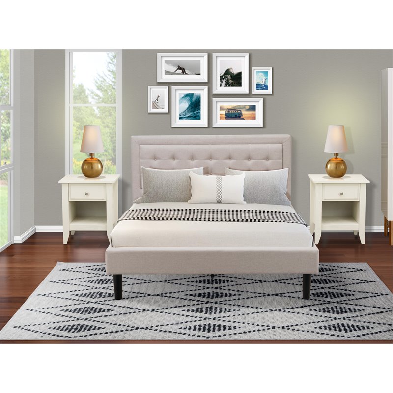 East West Furniture 3-piece Wood Fannin Queen Bedroom Set in Mist Beige/Walnut