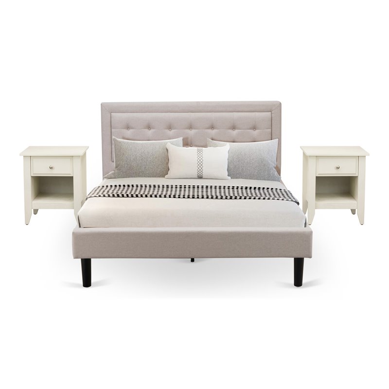 East West Furniture 3-piece Wood Fannin Queen Bedroom Set in Mist Beige/Walnut