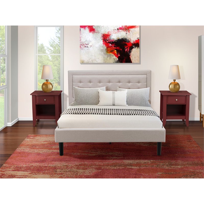 East West Furniture 3-piece Wood Fannin Bedroom Set in Beige/Burgundy