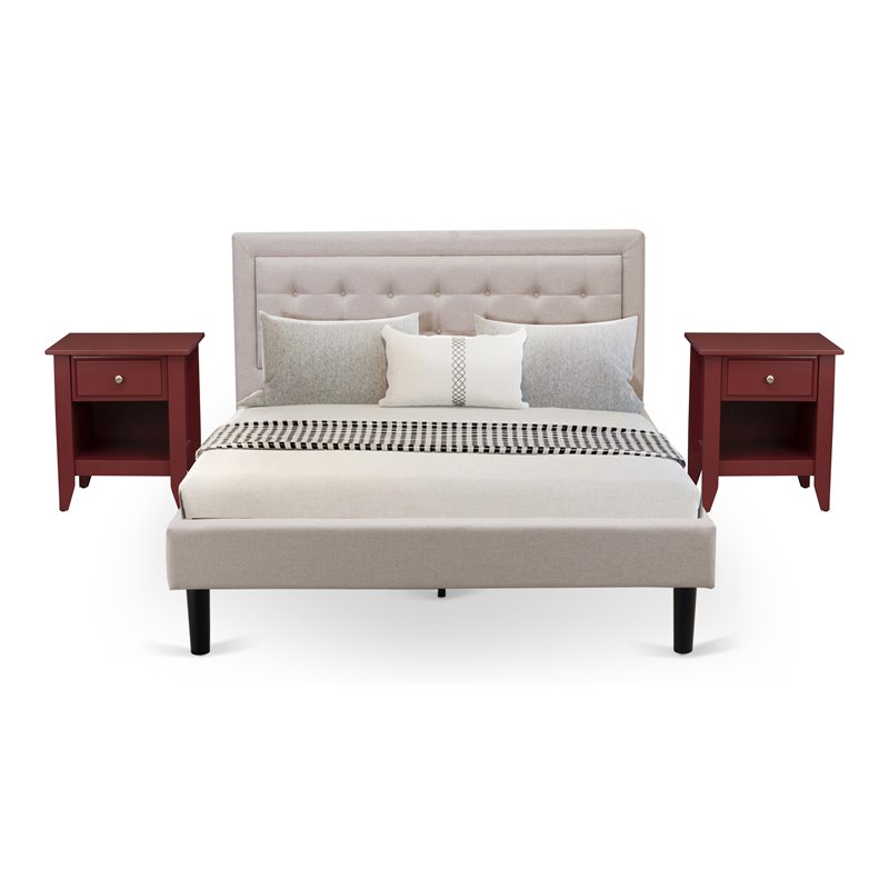 East West Furniture 3-piece Wood Fannin Bedroom Set in Beige/Burgundy