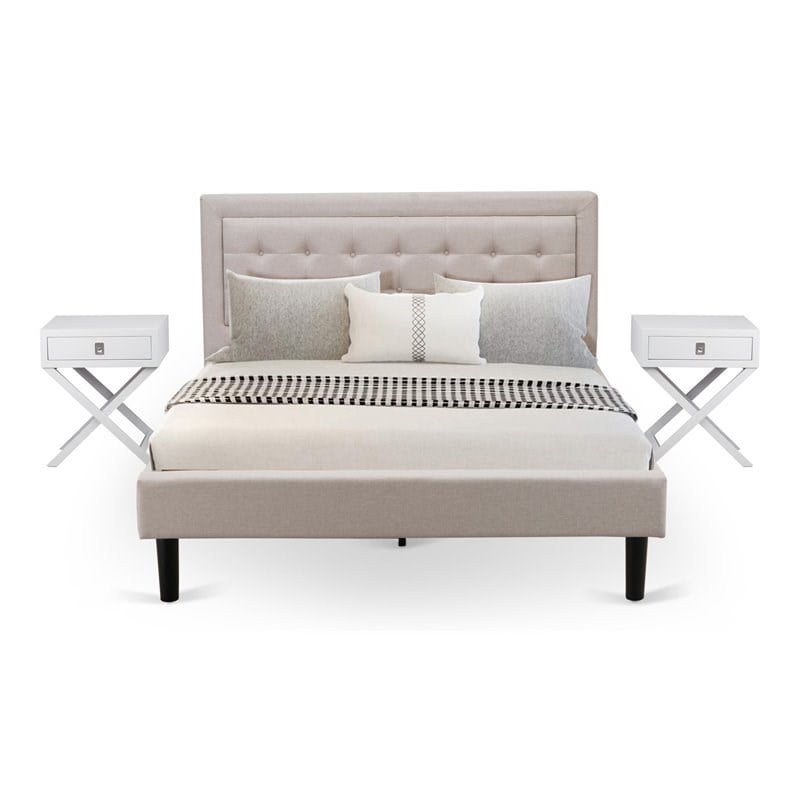 East West Furniture 3-piece Wood Fannin Bedroom Set in Mist Beige/White