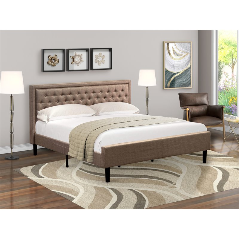 East West Furniture Kendall Wood and Linen Fabric King Size Bed in Khaki Brown
