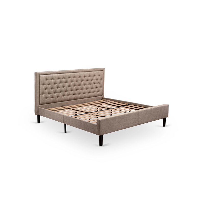 East West Furniture Kendall Wood and Linen Fabric King Size Bed in Khaki Brown