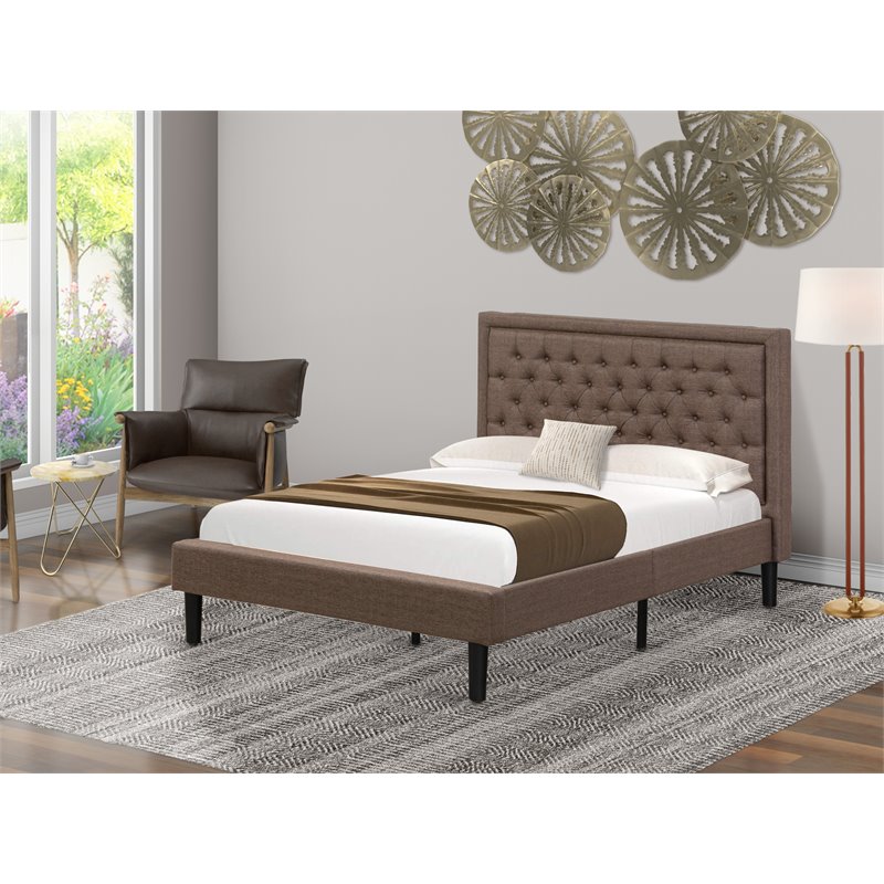 East West Furniture Kendall Wood and Linen Fabric Full Size Bed in Brown