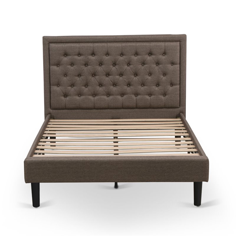 East West Furniture Kendall Wood and Linen Fabric Full Size Bed in Brown