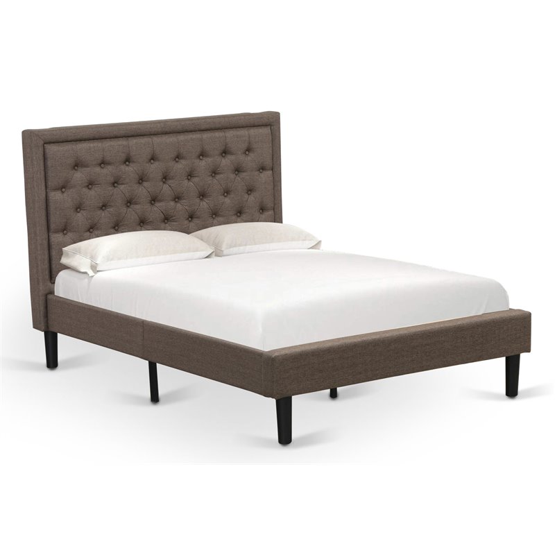 East West Furniture Kendall Wood and Linen Fabric Full Size Bed in Brown