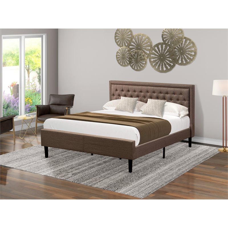 East West Furniture Kendall Wood and Linen Fabric King Size Bed in Brown