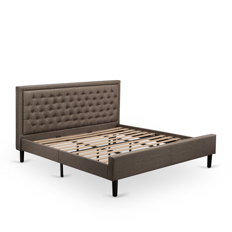 East West Furniture Kendall Wood and Linen Fabric King Size Bed in Brown