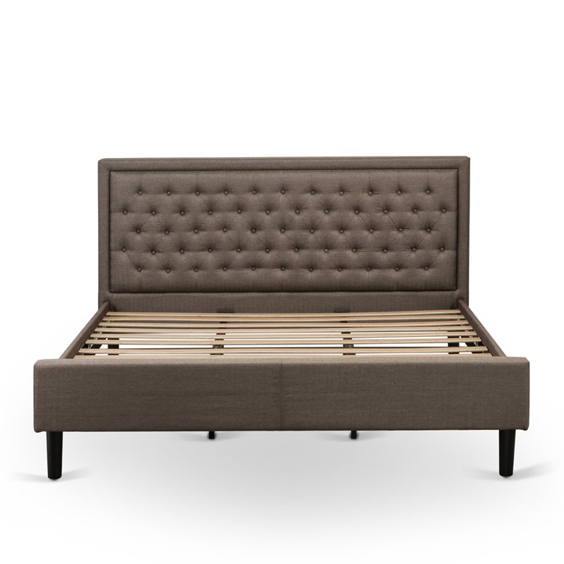 East West Furniture Kendall Wood and Linen Fabric King Size Bed in Brown
