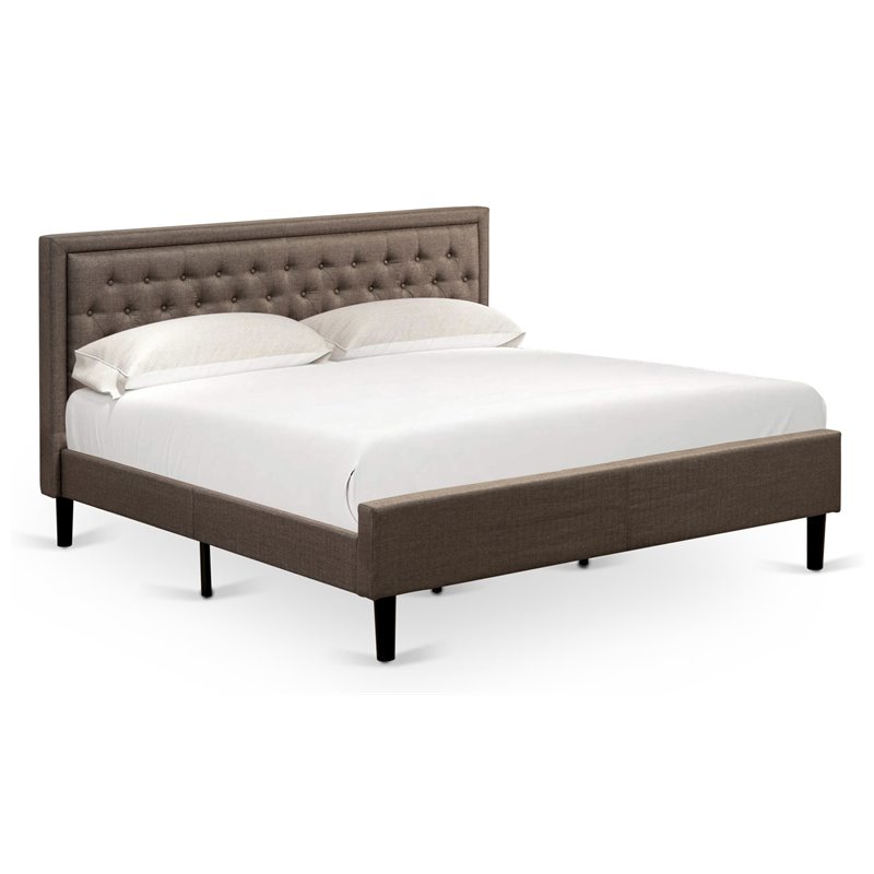 East West Furniture Kendall Wood and Linen Fabric King Size Bed in Brown