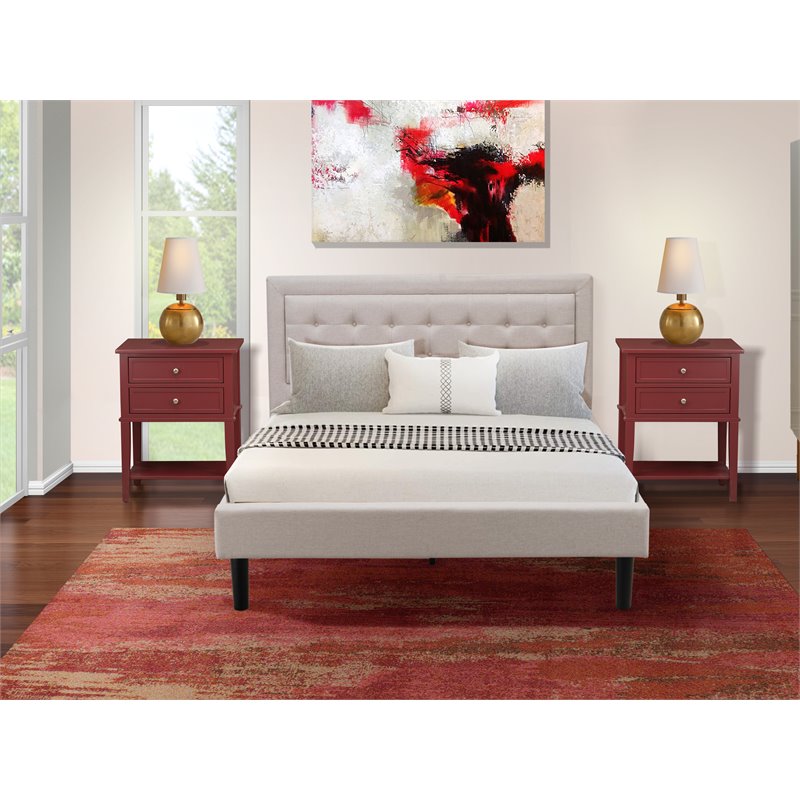 East West Furniture 3-piece Wood Fannin Queen Bedroom Set in Mist Beige/Burgundy