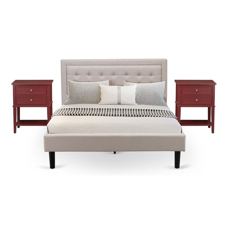 East West Furniture 3-piece Wood Fannin Queen Bedroom Set in Mist Beige/Burgundy