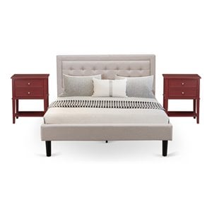 East West Furniture 3-piece Wood Fannin Queen Bedroom Set in Mist Beige/Burgundy