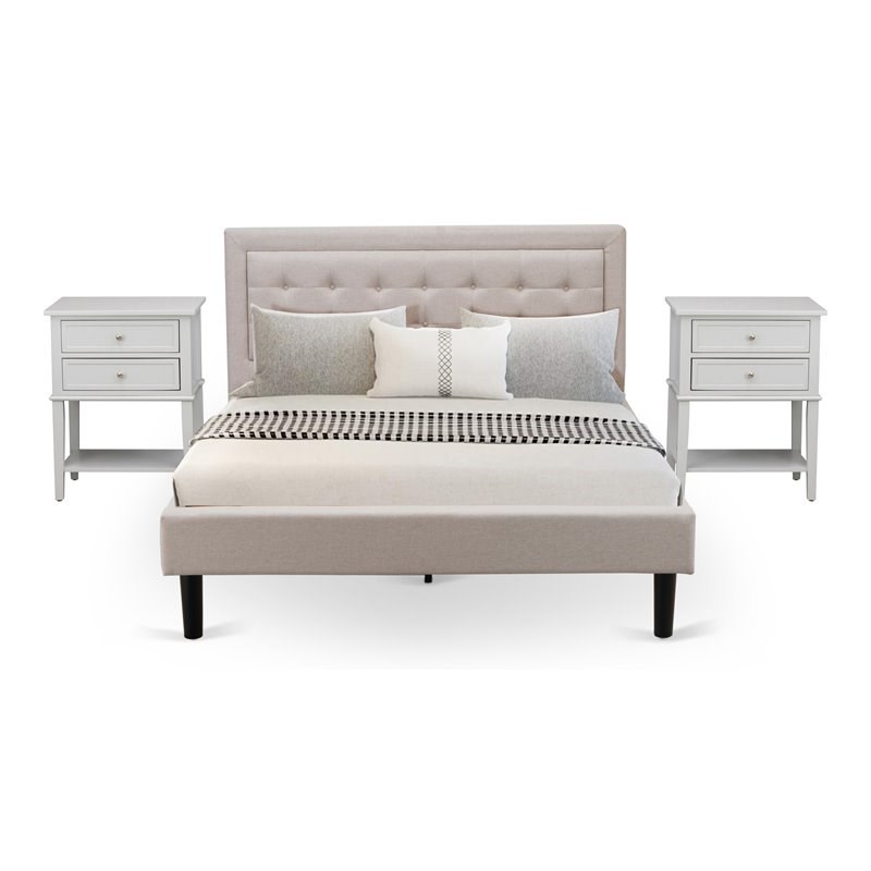 East West Furniture 3-piece Wood Fannin Queen Bedroom Set in Mist Beige