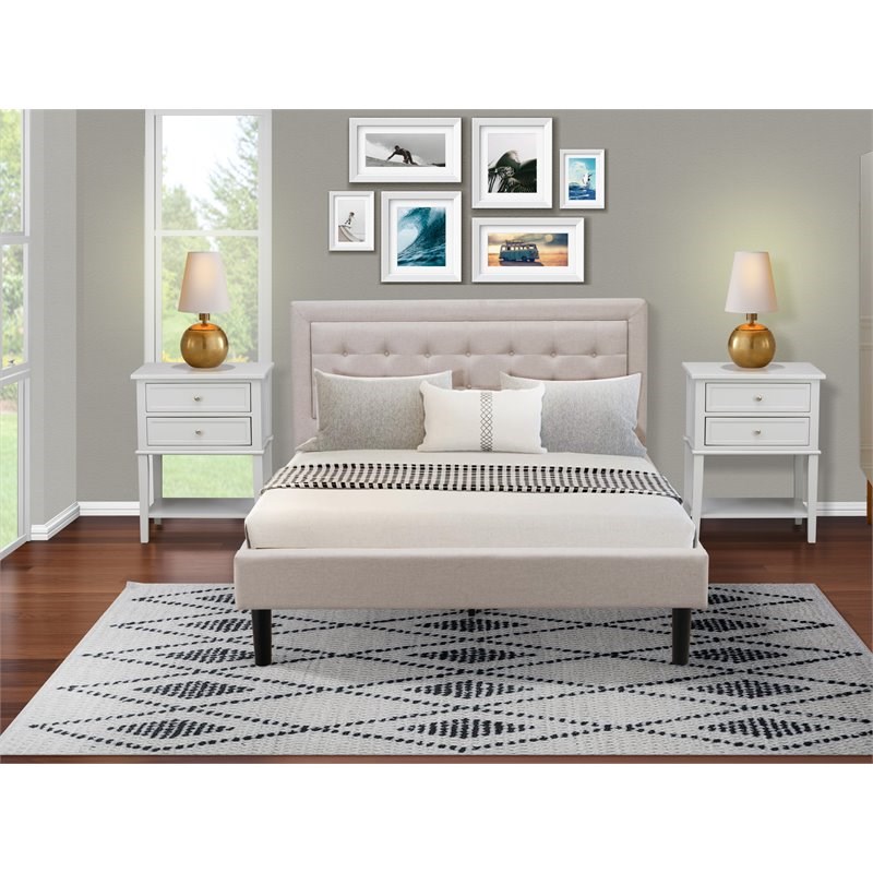 East West Furniture 3-piece Wood Fannin Queen Bedroom Set in Mist Beige