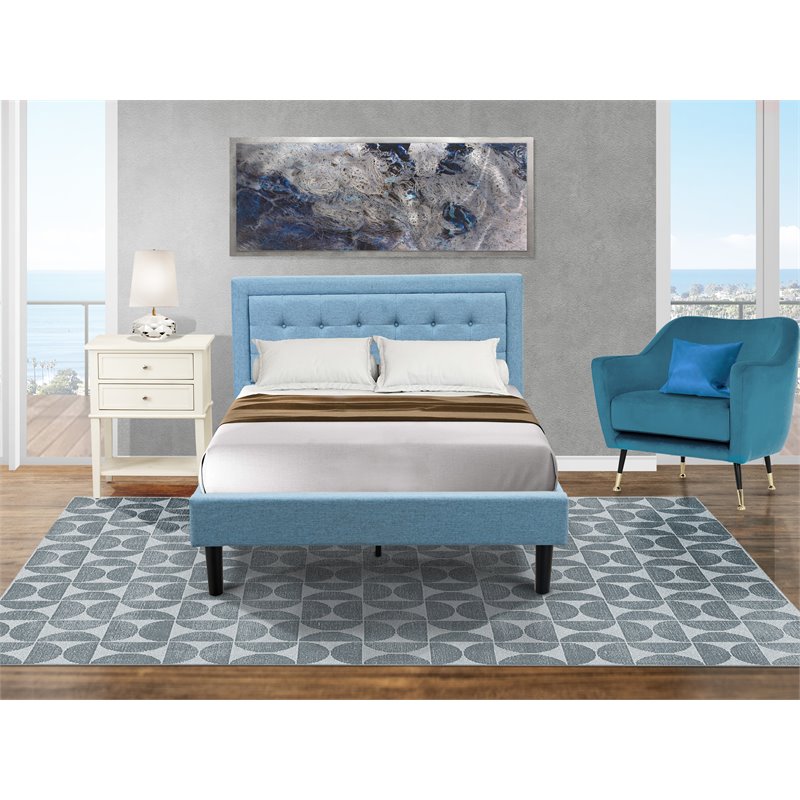 East West Furniture 2-piece Wood Platform Full Bedroom Set in Cream/Denim Blue