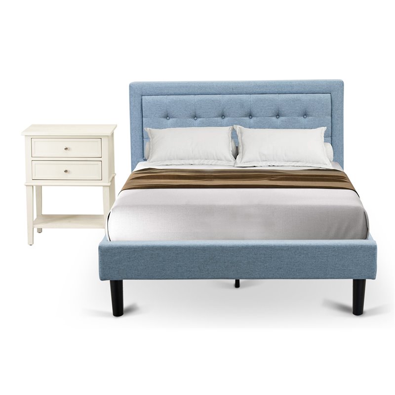 East West Furniture 2-piece Wood Platform Full Bedroom Set in Cream/Denim Blue
