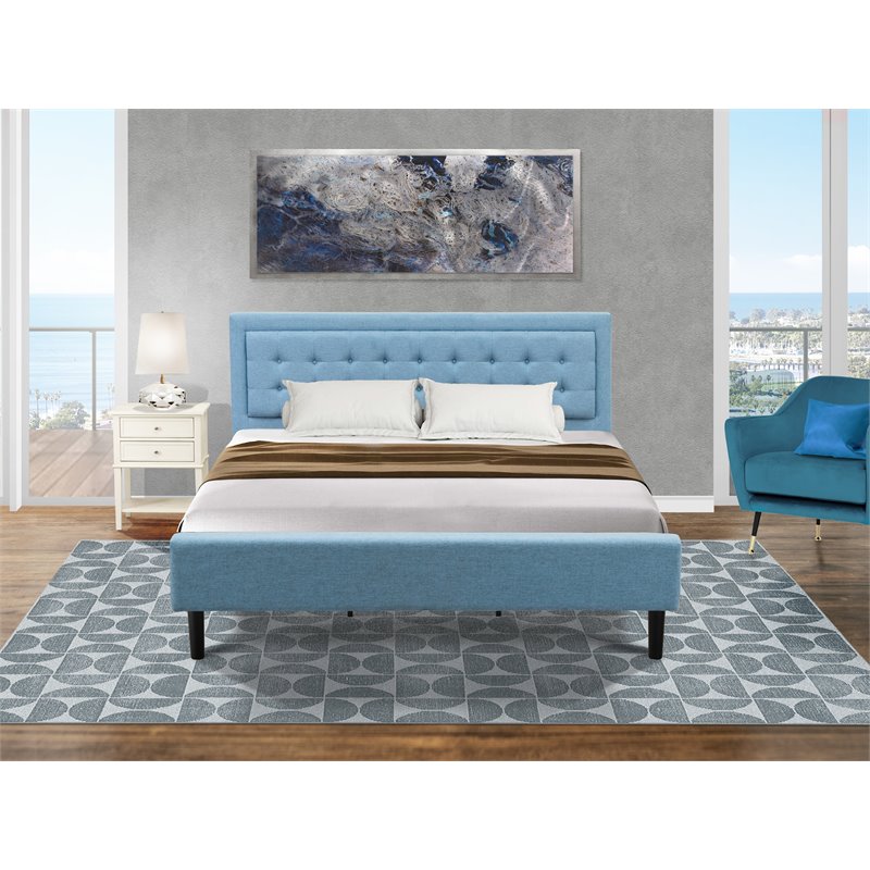 East West Furniture 2-piece Wood King Bedroom Set in Denim Blue/Butter Cream