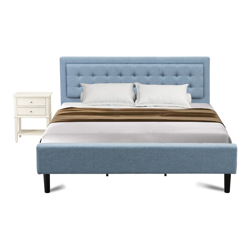 East West Furniture 2-piece Wood King Bedroom Set in Denim Blue/Butter Cream