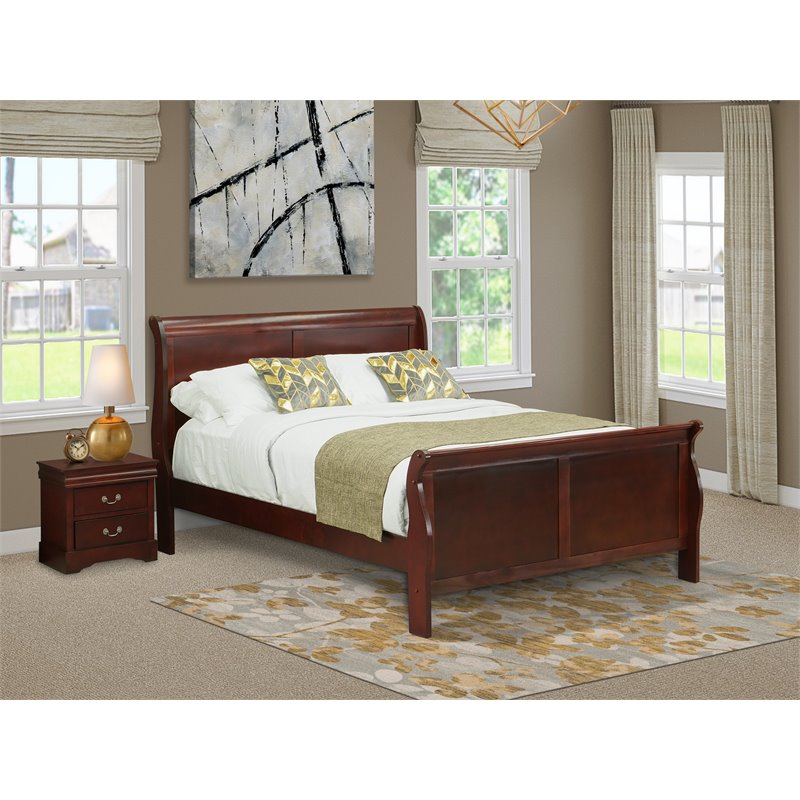 East West Furniture Louis Philippe 2-piece Wood Queen Bedroom Set in Walnut
