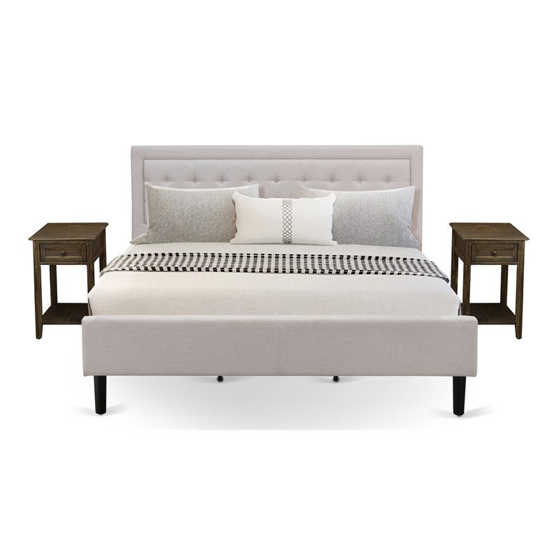 East West Furniture 3-piece Wood Fannin King Bedroom Set in Mist Beige/Jacobean