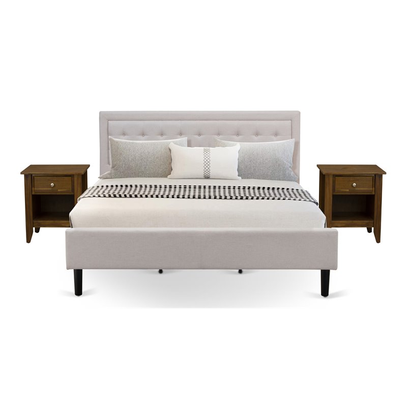 East West Furniture 3-piece Wood Fannin King Bedroom Set in Mist Beige/Walnut