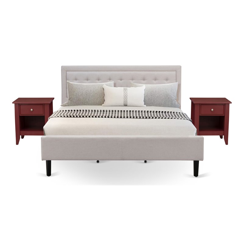 East West Furniture 3-piece Wood Fannin King Bedroom Set in Mist Beige/Burgundy