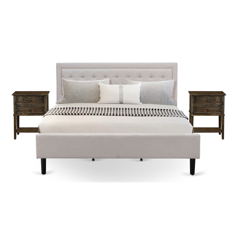 East West Furniture 3-piece Wood Platform King Bedroom Set in Beige/Jacobean