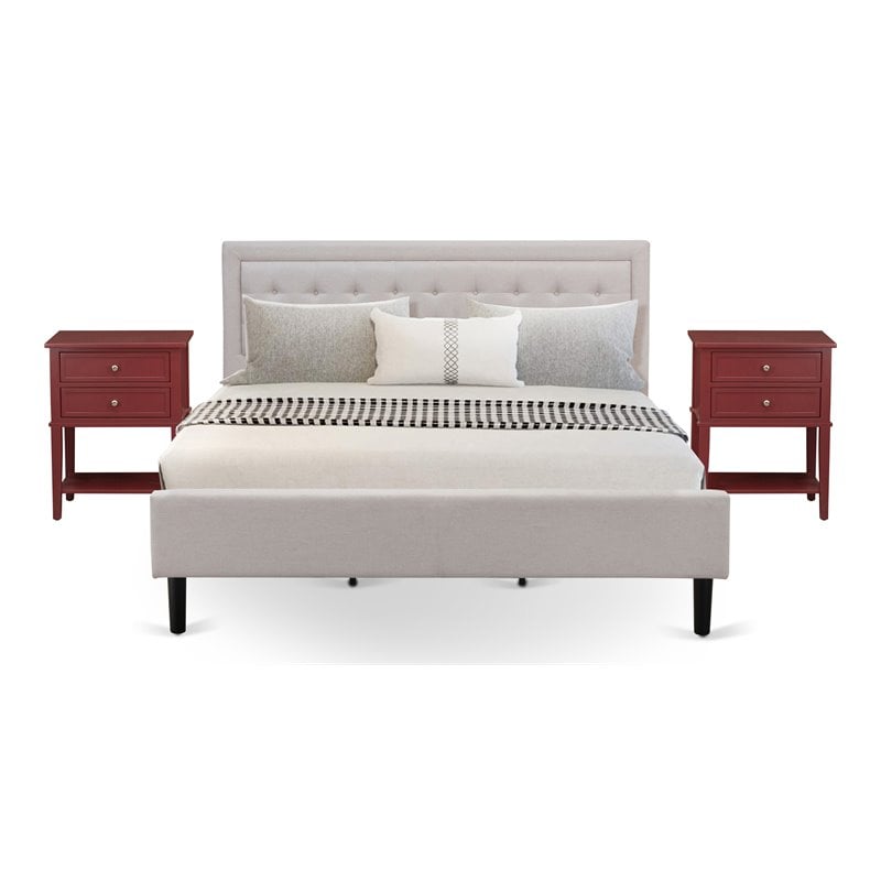 East West Furniture 3-piece Wood Fannin King Bedroom Set in Mist Beige/Black