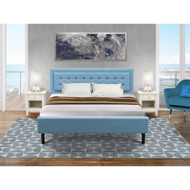 East West Furniture 3-piece Wood King Bedroom Set in Denim Blue/Butter Cream