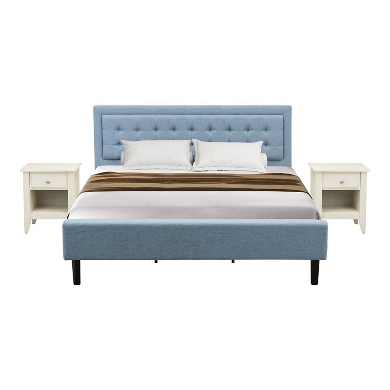 East West Furniture 3-piece Wood King Bedroom Set in Denim Blue/Butter Cream