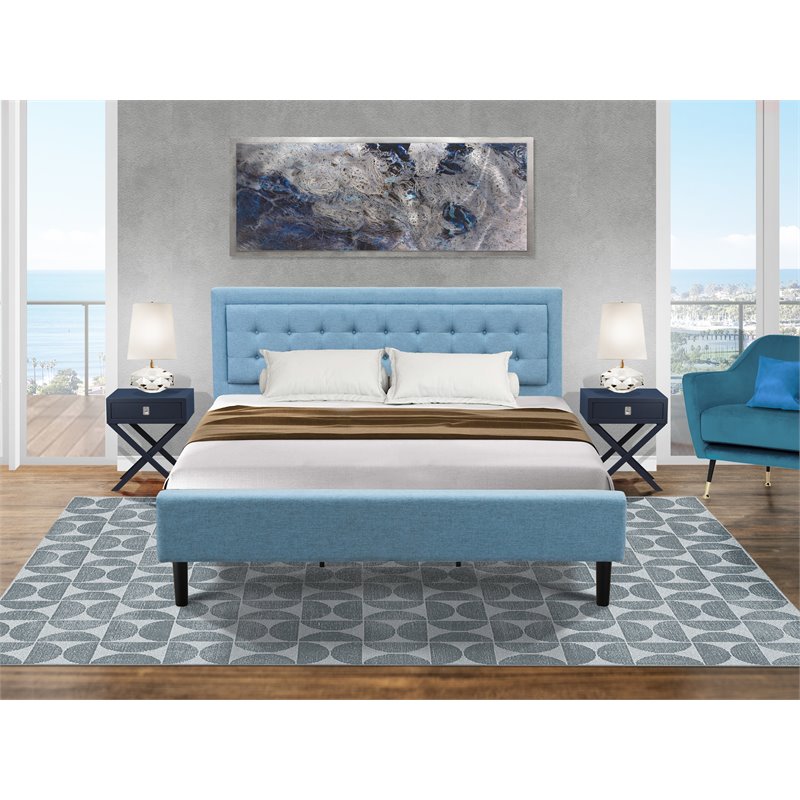 East West Furniture 3-piece Wood Platform Bedroom Set in Denim Blue/Navy Blue