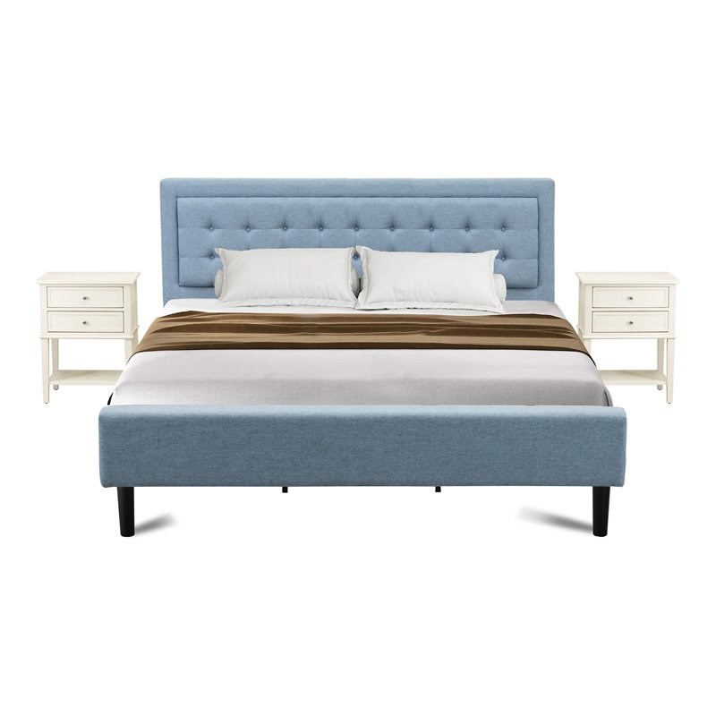 East West Furniture 3-piece Wood Platform Bedroom Set in Denim Blue/Butter Cream