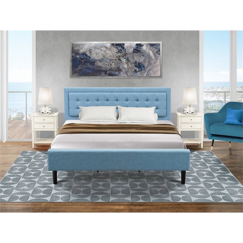 East West Furniture 3-piece Wood Platform Bedroom Set in Denim Blue/Butter Cream