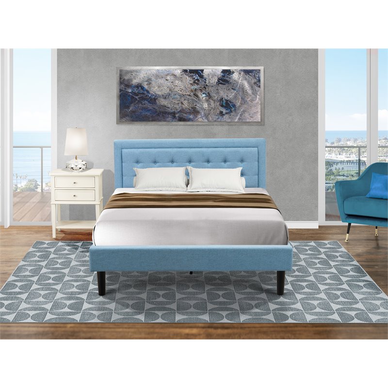 East West Furniture 2-piece Wood Queen Bedroom Set in Denim Blue/Butter Cream