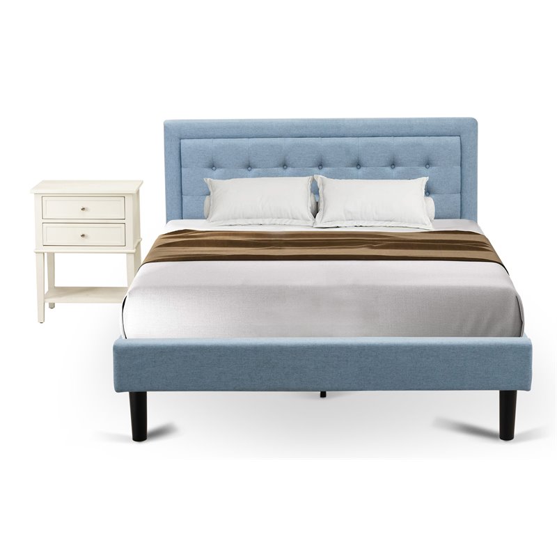 East West Furniture 2-piece Wood Queen Bedroom Set in Denim Blue/Butter Cream