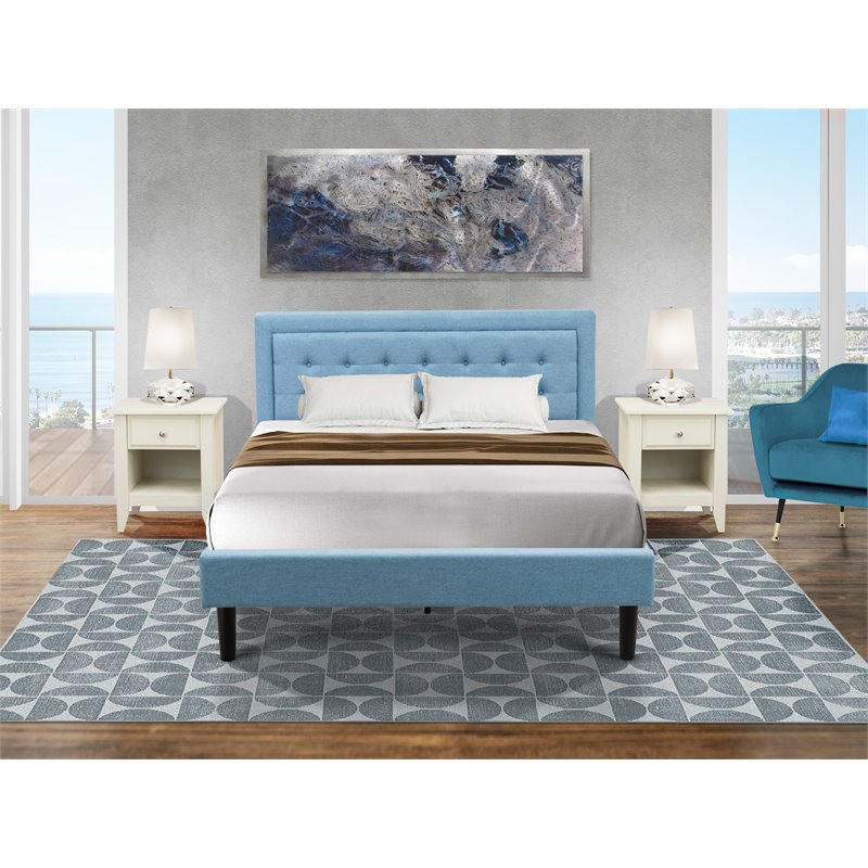 East West Furniture 3-piece Wood Fannin Queen Bedroom Set in Denim Blue