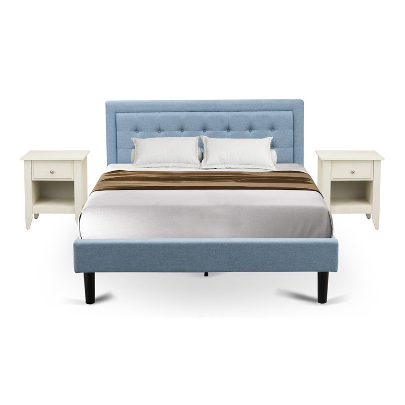 East West Furniture 3-piece Wood Fannin Queen Bedroom Set in Denim Blue