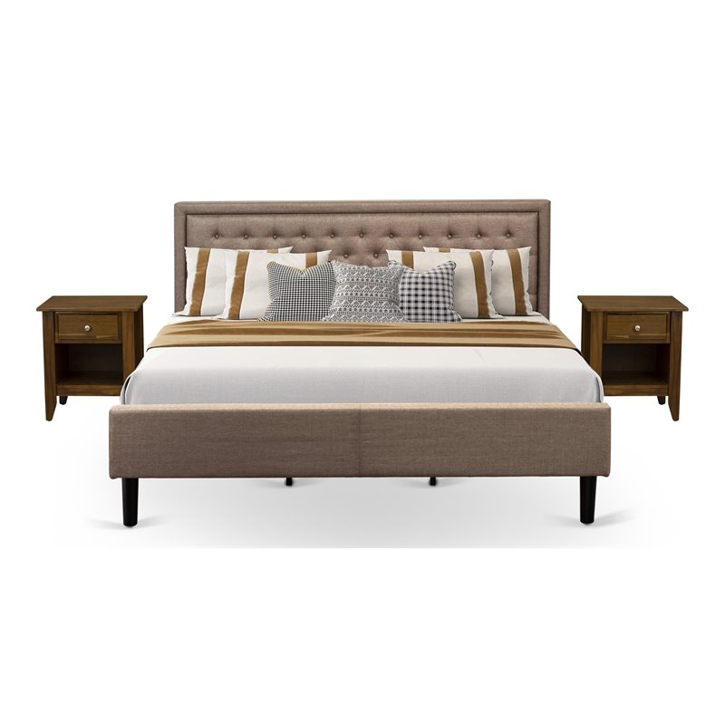 East West Furniture 3-piece Wood Platform Bedroom Set in Dark Khaki Brown/Walnut