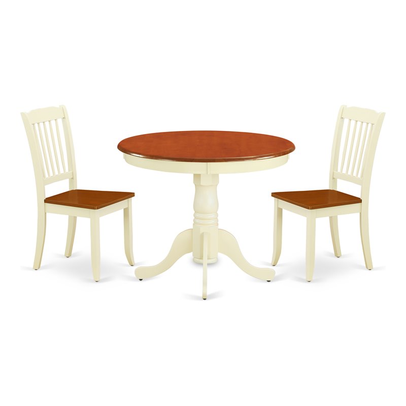 East West Furniture Antique 3-piece Dining Set w/ Slatted Chairs in Cream/Cherry
