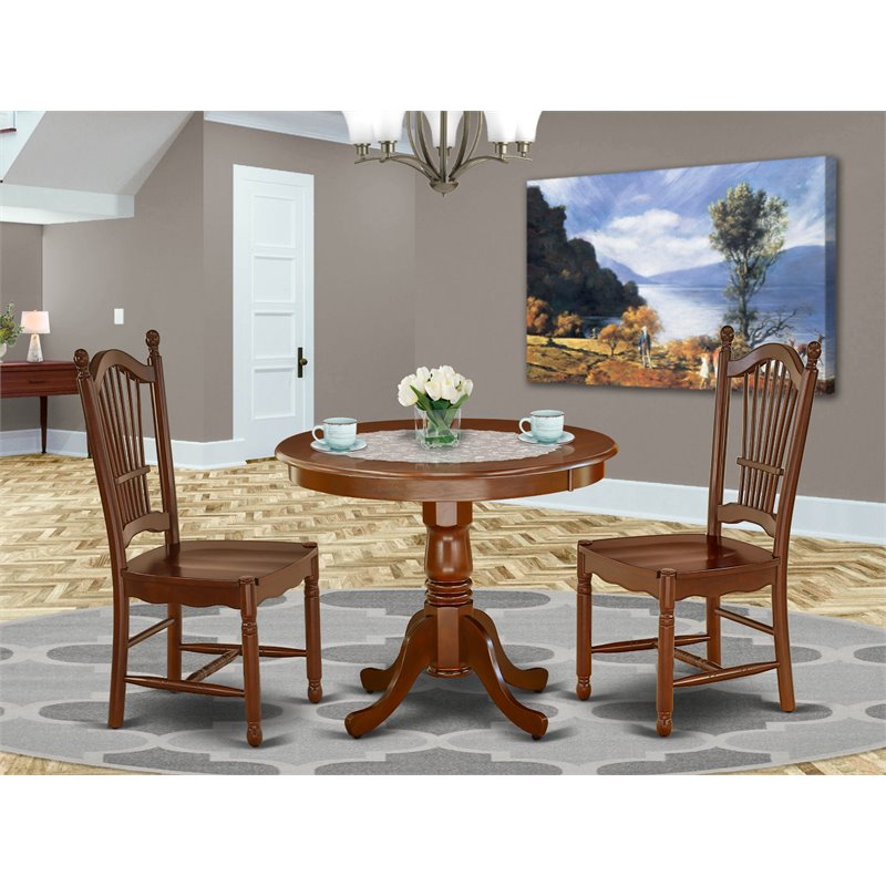 East West Furniture Antique 3-piece Dining Set with Round Table in Mahogany