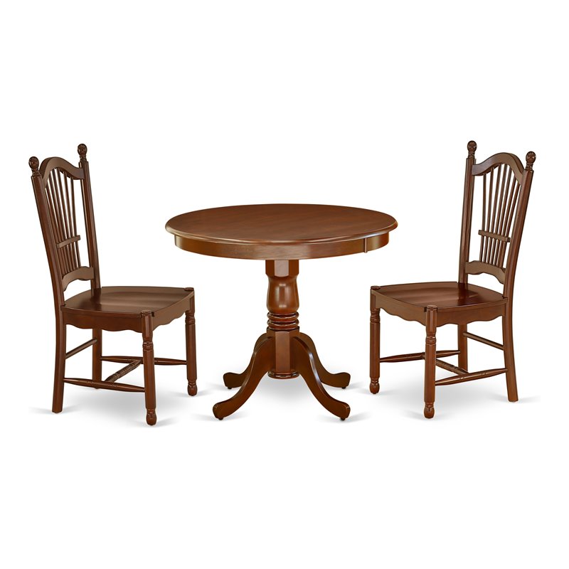 East West Furniture Antique 3-piece Dining Set with Round Table in Mahogany