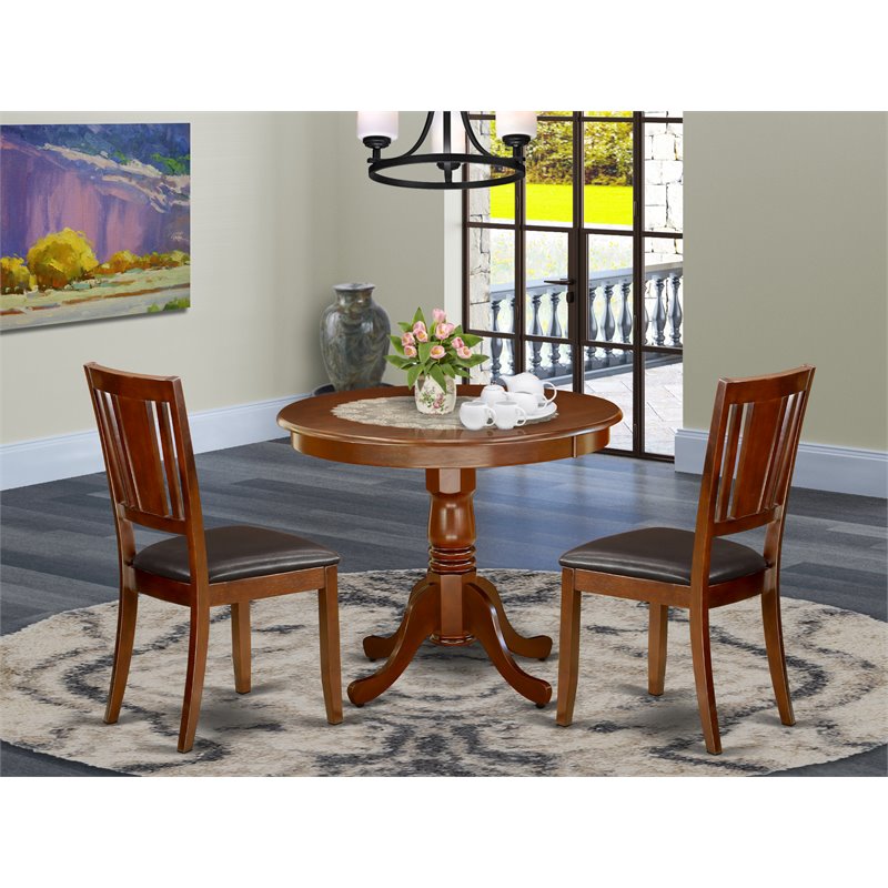 East West Furniture Antique 3-piece Dining Set w/ Faux Leather Seat in Mahogany
