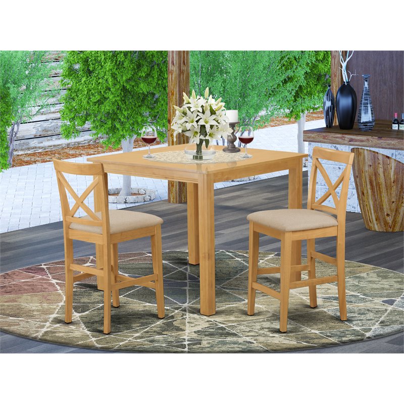 East West Furniture Cafe 3-piece Counter Height Dining Set w/ Fabric Seat in Oak