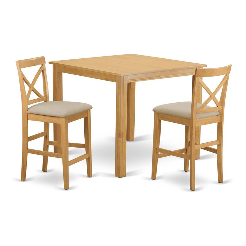 East West Furniture Cafe 3-piece Counter Height Dining Set w/ Fabric Seat in Oak