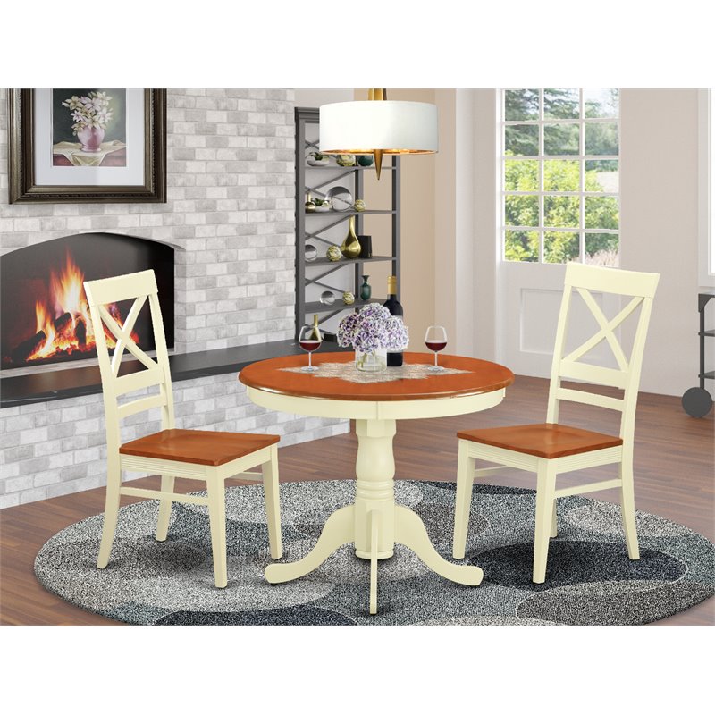 East West Furniture Antique 3-piece Wood Dining Table & Chair Set in Cream
