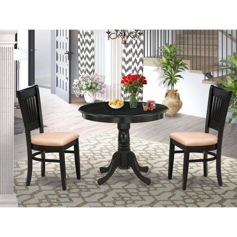 East West Furniture Antique 3-piece Dining Set with Linen Fabric Seat in Black