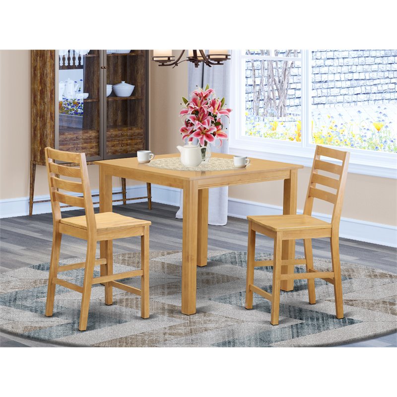 East West Furniture Cafe 3-piece Wood Counter Height Pub Table Set in Oak